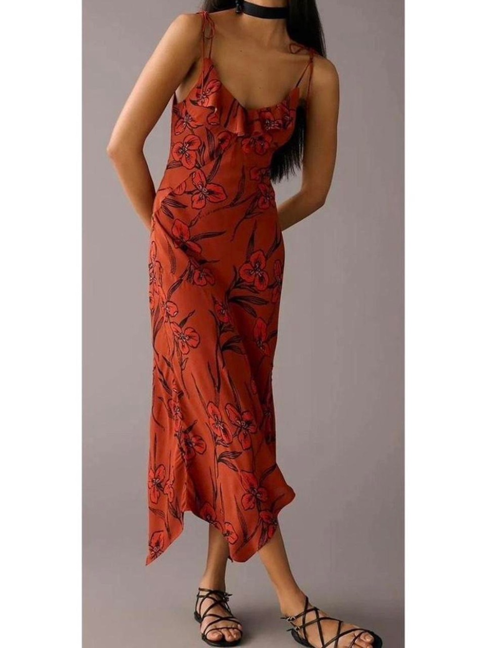 Anthropologie burnt orange Floral Slip Midi Dress